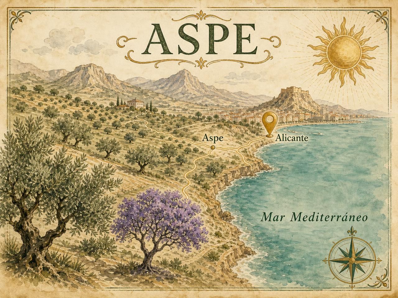 Geïllustreerde kaart van Aspe bij Alicante, met olijfgaard, jacarandaboom en de Middellandse Zee